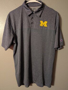 Champion Michigan Wolverines Mens Medium Polo Shirt Grey Striped NCAA